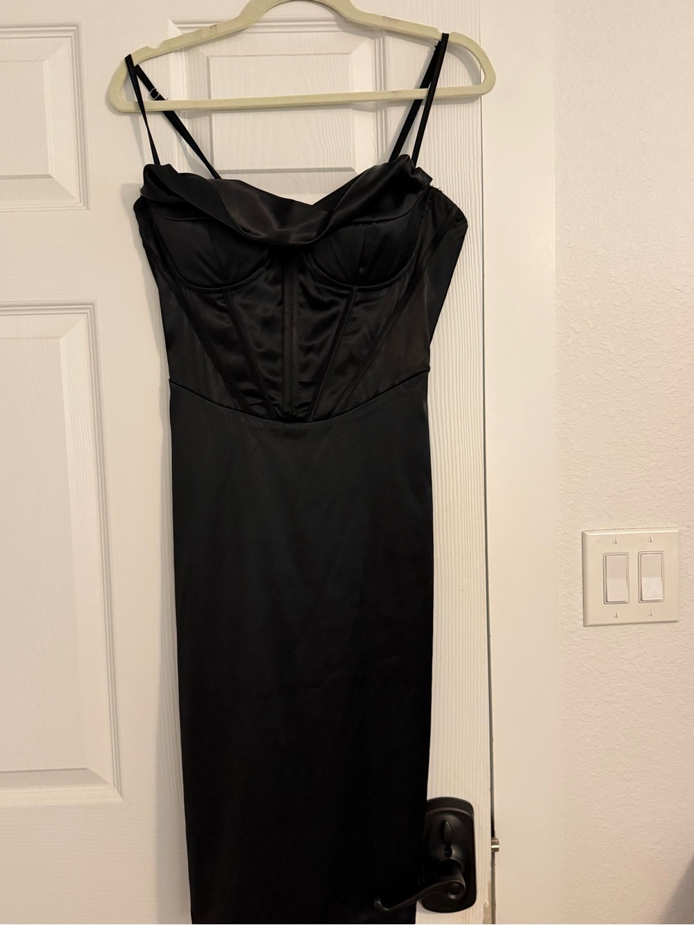 Black Satin Corset Midi Dress - Elegant Strappy Cocktail Dress